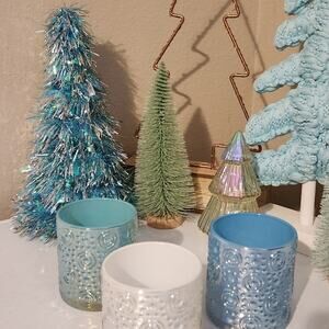 Set of 3 new candle tea light glass decor blue white summer beachy coast